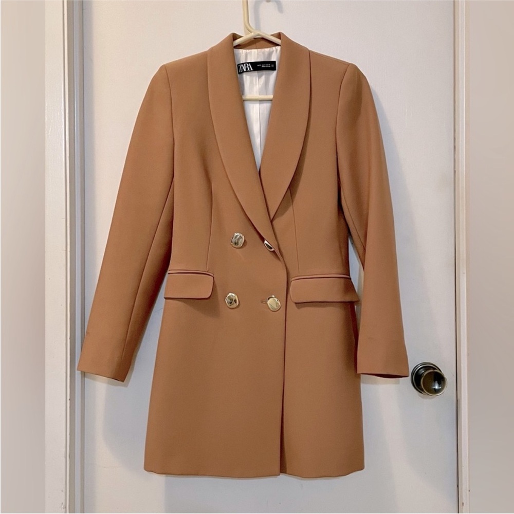 Zara Camel Double-Breasted Blazer with Gold Buttons